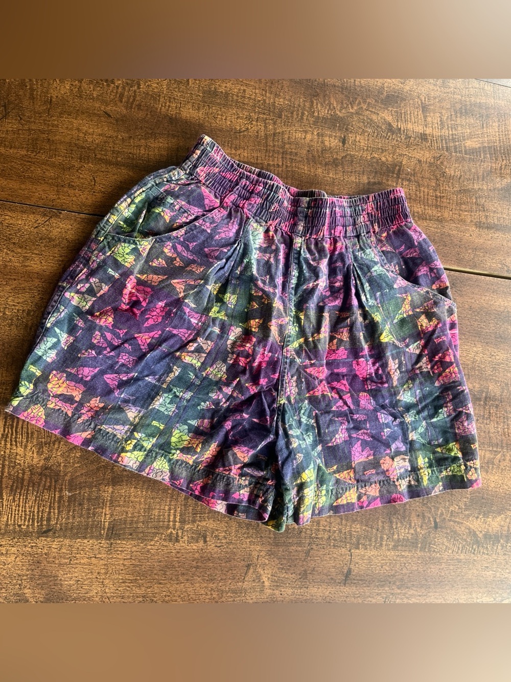 Vintage 80s Dashers Cotton Shorts Geometric Print Elastic Waist Medium Retro